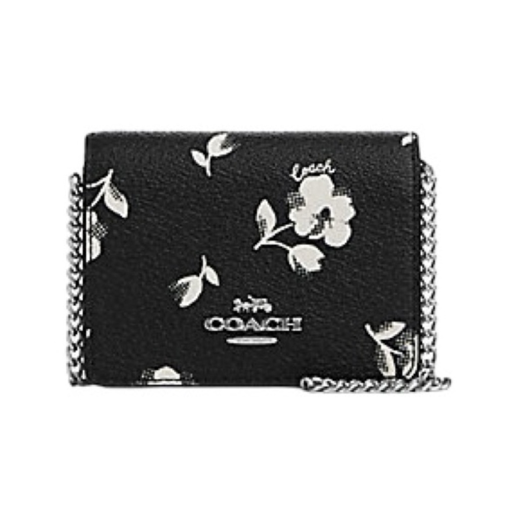 NWT Coach Mini Wallet on a Chain with floral Print Silver Black Multi